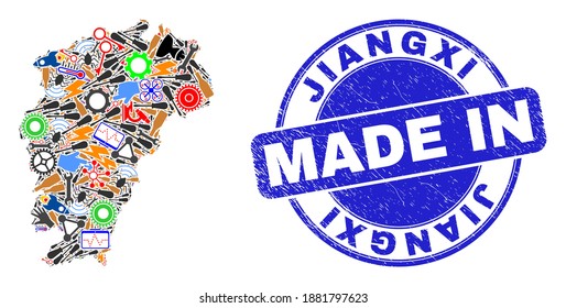 Component Jiangxi Province map mosaic and MADE IN grunge stamp seal. Jiangxi Province map mosaic created from spanners,wheels,screwdrivers,,keys,vehicles, electric sparks,rockets.