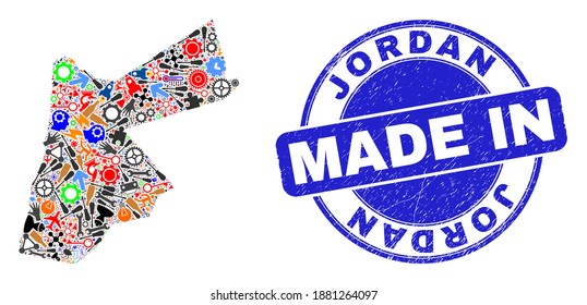 Component Jordan map mosaic and MADE IN textured seal. Jordan map mosaic formed with wrenches, gearwheels, tools,components,vehicles, electric bolts,details.