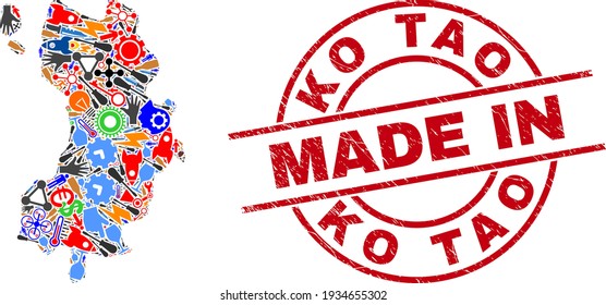 Component Ko Tao map mosaic and MADE IN grunge rubber stamp. Ko Tao map collage created with spanners, wheels, tools, elements, vehicles, electricity strikes, details.