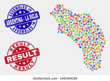 Component La Rioja of Argentina map and blue Assembled seal stamp, and Result textured seal. Colorful vector La Rioja of Argentina map mosaic of plug-in modules. Red round Result seal.