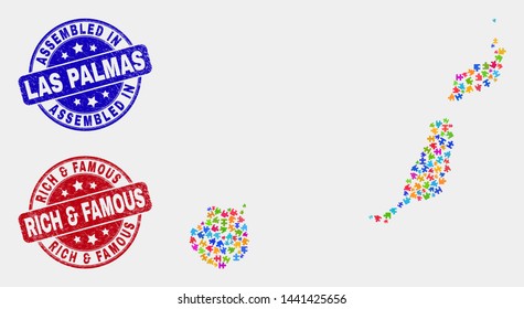 Component Las Palmas Province map and blue Assembled seal stamp, and Rich & Famous grunge seal stamp. Colorful vector Las Palmas Province map mosaic of puzzle elements.