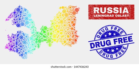 Component Leningrad Region map and blue Drug Free distress seal. Colorful gradiented vector Leningrad Region map mosaic of mechanic items. Blue rounded Drug Free seal.