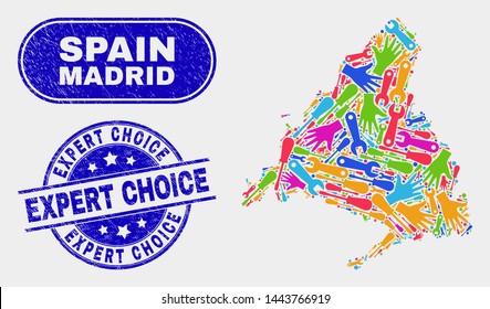 Component Madrid Province map and blue Expert Choice grunge stamp. Colored vector Madrid Province map mosaic of workshop elements. Blue round Expert Choice stamp.