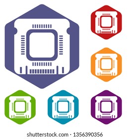 Component microchip icons vector colorful hexahedron set collection isolated on white