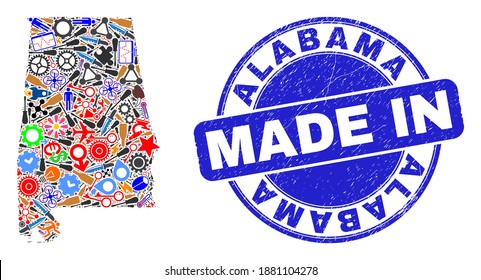 Component mosaic Alabama State map and MADE IN textured stamp seal. Alabama State map mosaic composed with wrenches, gearwheels, tools,,keys,vehicles,power bolts,rockets.