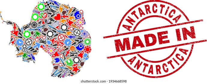 Component mosaic Antarctica continent map and MADE IN scratched rubber stamp. Antarctica continent map mosaic designed with wrenches, wheels, instruments, air planes, transports, power bolts, helmets.
