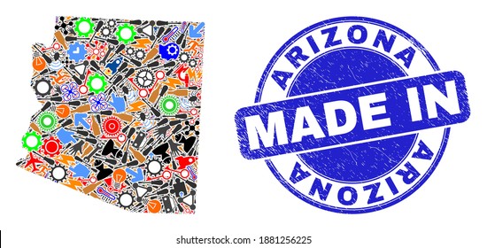 Component mosaic Arizona State map and MADE IN textured rubber stamp. Arizona State map abstraction composed with spanners,wheels,instruments,components,cars, electric bolts,details.