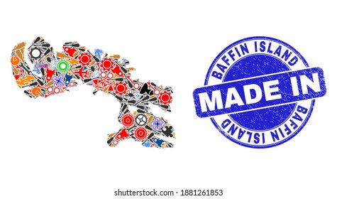 Component mosaic Baffin Island map and MADE IN grunge rubber stamp. Baffin Island map composition created from spanners,wheels,instruments,items,cars,power strikes,bugs.