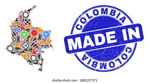 Component mosaic Colombia map and MADE IN distress stamp. Colombia map mosaic formed from spanners,wheels,screwdrivers,items,transports,power bolts,rockets.
