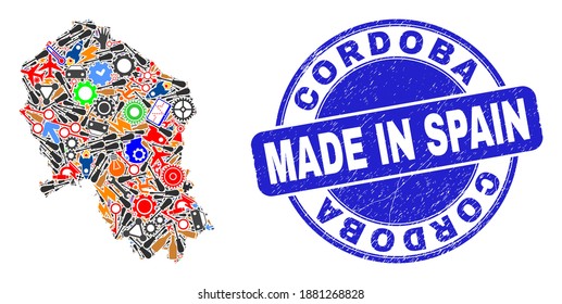 Component mosaic Cordoba Spanish Province map and MADE IN scratched stamp. Cordoba Spanish Province map mosaic composed with spanners,wheel,instruments,items,cars,electricity strikes,bugs.