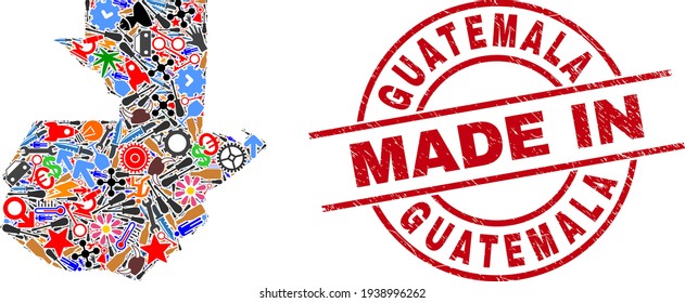 Component Mosaic Guatemala Map and Made in Grunge Rubber Stamp