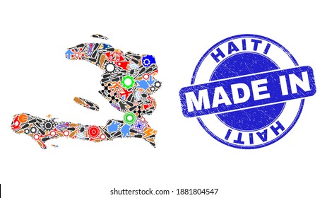Component mosaic Haiti map and MADE IN grunge rubber stamp. Haiti map composition created with wrenches, gearwheels, tools,elements,vehicles, electric sparks,details.