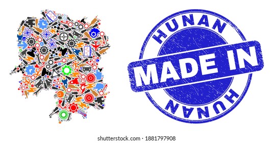 Component mosaic Hunan Province map and MADE IN scratched rubber stamp. Hunan Province map mosaic designed from wrenches,wheels,screwdrivers,,keys,airplanes,aircrafts,air planes,aviation symbols,