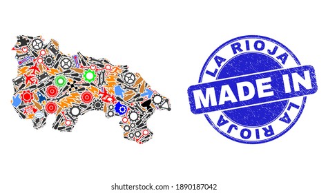 Component mosaic La Rioja of Spain map and MADE IN textured rubber stamp. La Rioja of Spain map collage formed with spanners,wheels,instruments,items,cars,power strikes,details.