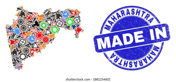 Component mosaic Maharashtra State Karte und MADE IN strukturiertem Siegel. Maharashtra State Map Mosaik aus Spannern, Rädern, Werkzeugen, Komponenten, Autos, Power Bolts, Details gebildet.