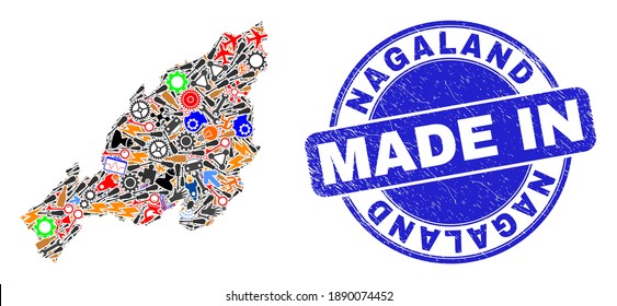 Component mosaic Nagaland State map and MADE IN textured stamp. Nagaland State map mosaic designed with wrenches,wheel,instruments,,keys,airplanes,aircrafts,air planes,aviation symbols,cars,bolts,