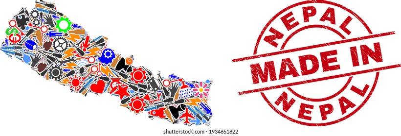 Component mosaic Nepal map and MADE IN scratched stamp. Nepal map mosaic created with spanners, gear wheels, instruments, aircrafts, vehicles, electric strikes, details.
