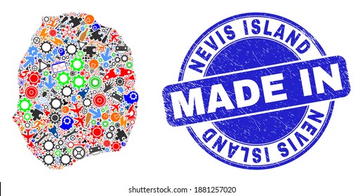 Component mosaic Nevis Island map and MADE IN distress rubber stamp. Nevis Island map abstraction composed with wrenches, gearwheels,screwdrivers,components,cars,power bolts,bugs.