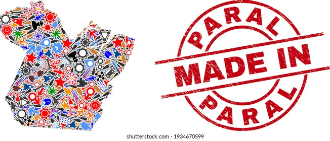 Component mosaic Paral State map and MADE IN distress rubber stamp. Paral State map composition created with spanners, cogs, instruments,, keys, airplanes, electric strikes, details.