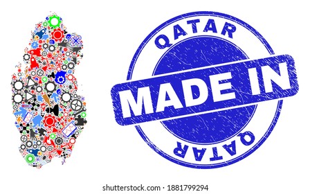 Component mosaic Qatar map and MADE IN scratched stamp. Qatar map collage formed with wrenches,cogs,screwdrivers,items,transports,power bolts,bugs.