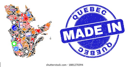 Component mosaic Quebec Province map and MADE IN grunge rubber stamp. Quebec Province map collage formed from spanners,wheel,instruments,,keys,transports,electricity bolts,rockets.