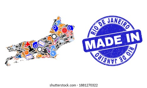 Component mosaic Rio de Janeiro State map and MADE IN grunge rubber stamp. Rio de Janeiro State map mosaic composed from wrenches,wheel,screwdrivers,elements,cars, electric sparks,bugs.