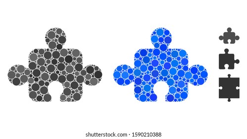 Component mosaic of round dots in variable sizes and shades, based on component icon. Vector round elements are organized into blue composition. Dotted component icon in usual and blue versions.