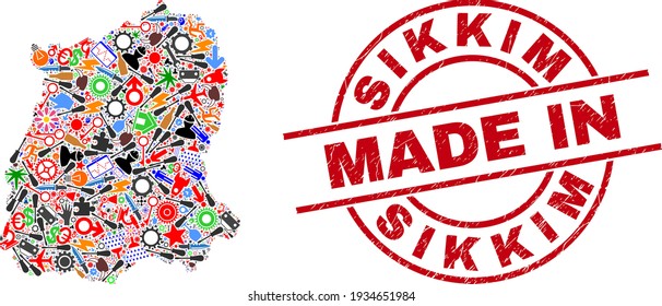 Component mosaic Sikkim State map and MADE IN scratched stamp seal. Sikkim State map composition created with spanners, gear wheels, screwdrivers, aviation symbols, transports, power bolts, rockets.