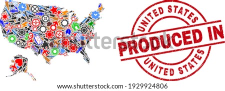 Component mosaic USA with Alaska map and MADE IN distress rubber stamp. USA with Alaska map abstraction composed from spanners, cogs, tools, items, transports, electric sparks, details.