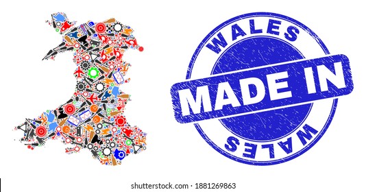 Component mosaic Wales map and MADE IN grunge rubber stamp. Wales map composition formed with wrenches,wheel,screwdrivers,elements,cars,electricity bolts,bugs.