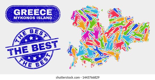 Component Mykonos Island map and blue The Best grunge seal. Colorful vector Mykonos Island map mosaic of service items. Blue rounded The Best seal.