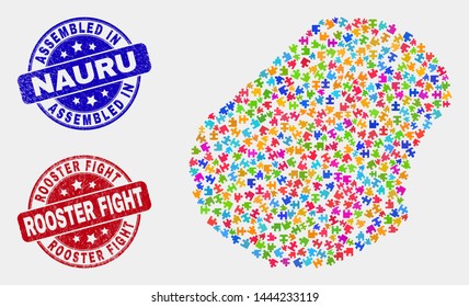 Component Nauru map and blue Assembled stamp, and Rooster Fight grunge seal stamp. Bright vector Nauru map mosaic of bundle bricks. Red rounded Rooster Fight seal.