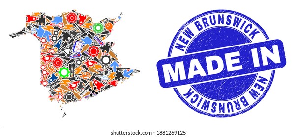 Component New Brunswick Province map mosaic and MADE IN scratched stamp seal. New Brunswick Province map collage composed with spanners,wheel,screwdrivers,,keys,airplanes,aircrafts,air planes,