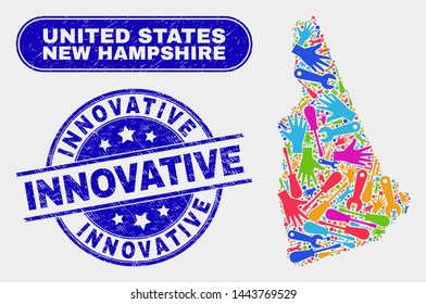 Component New Hampshire State map and blue Innovative grunge seal stamp. Colorful vector New Hampshire State map mosaic of industrial parts. Blue round Innovative stamp.