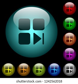 Component next icons in color illuminated spherical glass buttons on black background. Can be used to black or dark templates