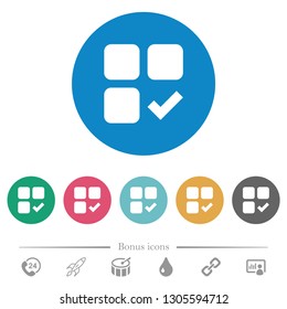 Component ok flat white icons on round color backgrounds. 6 bonus icons included.
