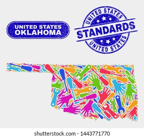 Component Oklahoma State map and blue United States Standards scratched seal. Bright vector Oklahoma State map mosaic of mechanic items. Blue rounded United States Standards imprint.