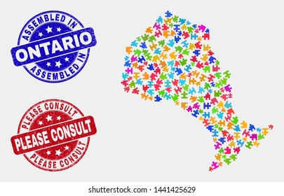 Component Ontario Province map and blue Assembled seal stamp, and Please Consult grunge seal stamp. Colorful vector Ontario Province map mosaic of puzzle items. Red round Please Consult imprint.