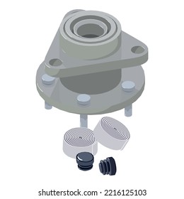 Icono de pieza de componente vector isométrico. Nuevo cubo de rueda y icono de cinta de manillar para bicicleta. Pieza de repuesto para automóviles y bicicletas