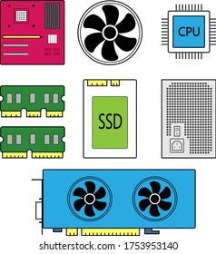 Komponenten für einen PC, Hauptteile für einen Computer, Vektorgrafik.