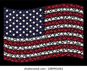 Component pictograms are arranged into waving USA flag mosaic on a dark background. Vector collage of American state flag is done of component elements. Designed for political and patriotic collages.