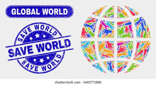 Component planet globe and blue Save World scratched seal stamp. Colorful vector planet globe mosaic of production units. Blue rounded Save World stamp.