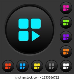 Component play dark push buttons with vivid color icons on dark grey background