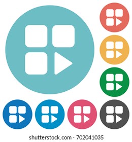 Component play flat white icons on round color backgrounds