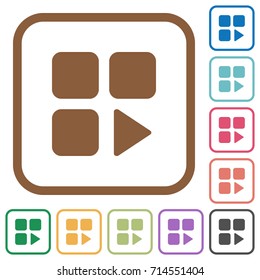 Component play simple icons in color rounded square frames on white background