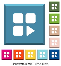 Component play white icons on edged square buttons in various trendy colors