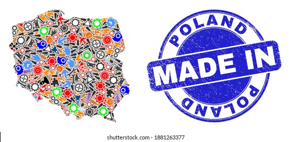 Component Poland map mosaic and MADE IN textured rubber stamp. Poland map collage composed from spanners,wheels,screwdrivers,items,cars, electric bolts,bugs.