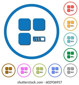Component processing flat color vector icons with shadows in round outlines on white background