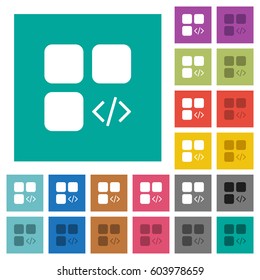 Component programming multi colored flat icons on plain square backgrounds. Included white and darker icon variations for hover or active effects.