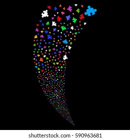 Component random fireworks stream. Vector illustration style is flat bright multicolored iconic symbols on a black background. Object fountain done from scattered design elements.